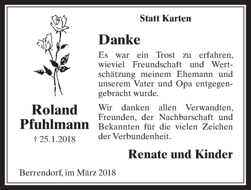  Traueranzeige für Roland Pfuhlmann vom 07.03.2018 aus  Werbepost 