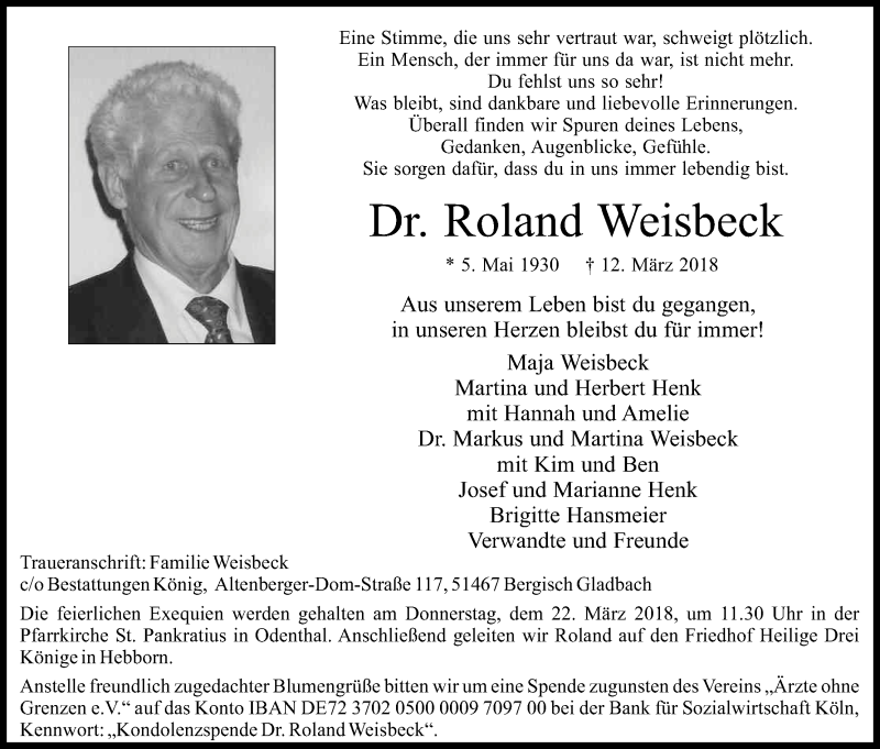  Traueranzeige für Roland Weisbeck vom 17.03.2018 aus Kölner Stadt-Anzeiger / Kölnische Rundschau / Express