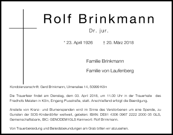 Anzeige von Rolf Brinkmann von Kölner Stadt-Anzeiger / Kölnische Rundschau / Express