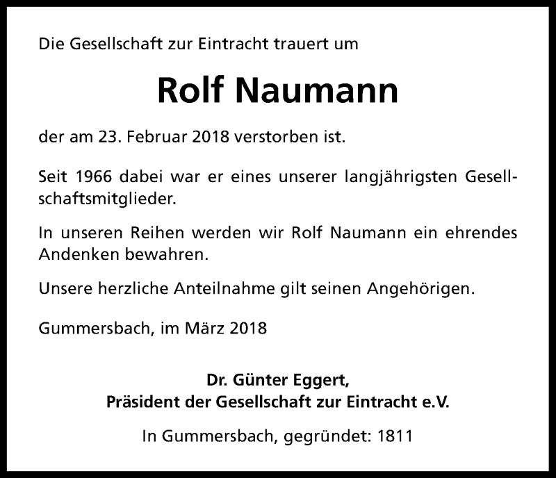  Traueranzeige für Rolf Naumann vom 03.03.2018 aus Kölner Stadt-Anzeiger / Kölnische Rundschau / Express