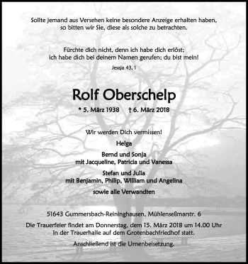 Anzeige von Rolf Oberschelp von Kölner Stadt-Anzeiger / Kölnische Rundschau / Express