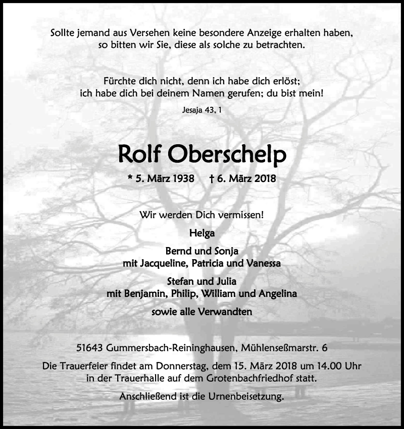  Traueranzeige für Rolf Oberschelp vom 10.03.2018 aus Kölner Stadt-Anzeiger / Kölnische Rundschau / Express