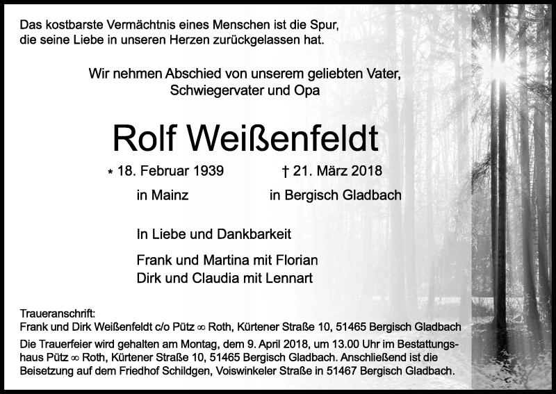  Traueranzeige für Rolf Weißenfeldt vom 31.03.2018 aus Kölner Stadt-Anzeiger / Kölnische Rundschau / Express