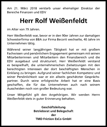 Anzeige von Rolf Weißenfeldt von Kölner Stadt-Anzeiger / Kölnische Rundschau / Express