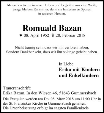 Anzeige von Romuald Bazan von  Anzeigen Echo 