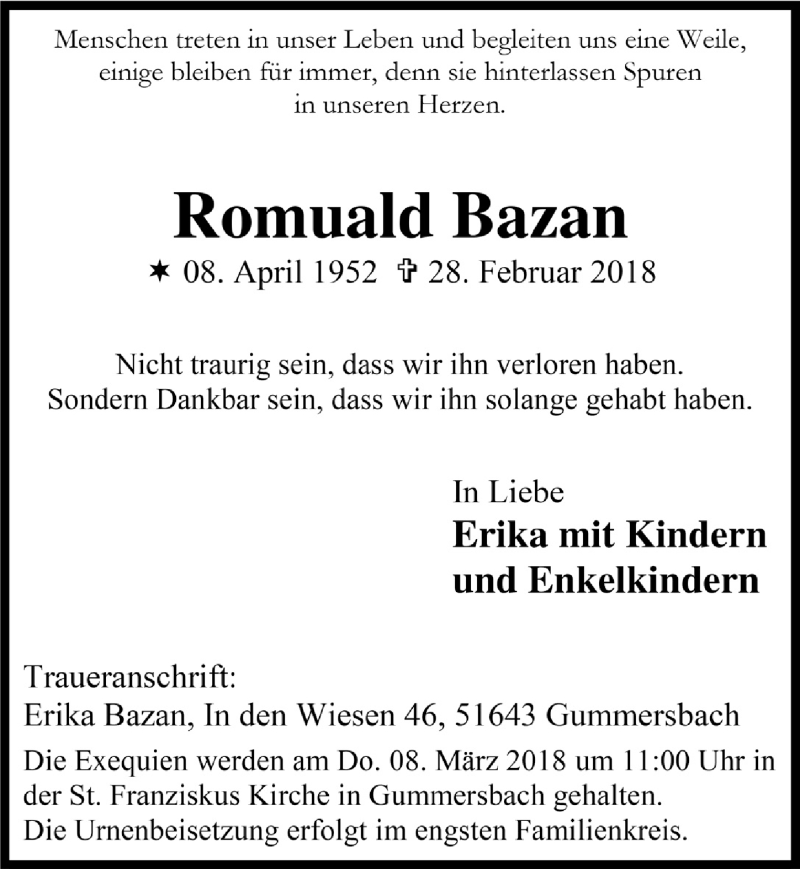  Traueranzeige für Romuald Bazan vom 07.03.2018 aus  Anzeigen Echo 