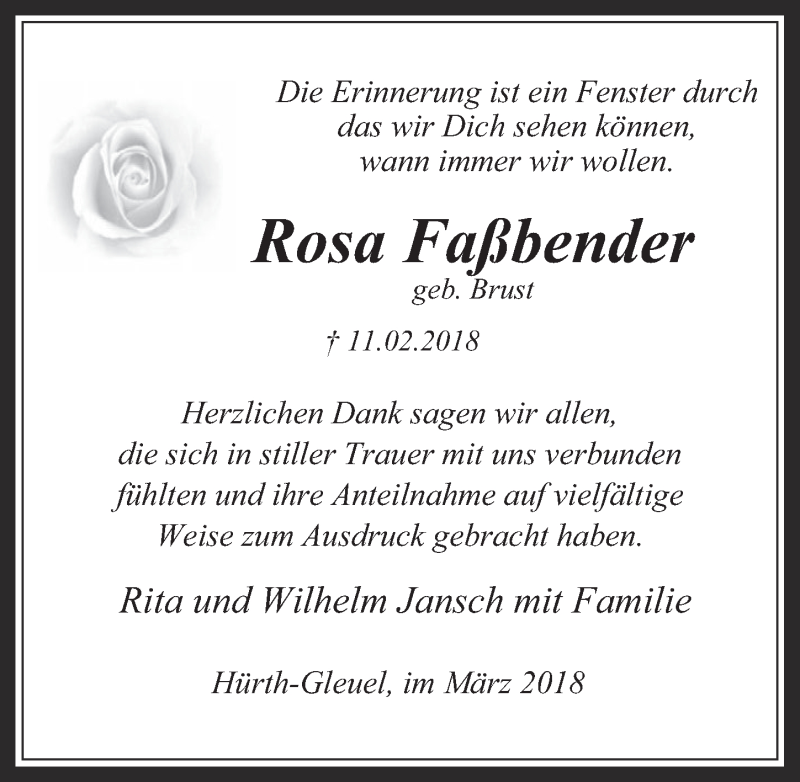  Traueranzeige für Rosa Faßbender vom 07.03.2018 aus  Wochenende 