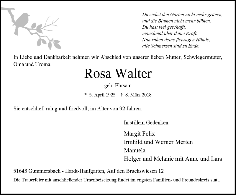  Traueranzeige für Rosa Walter vom 14.03.2018 aus  Anzeigen Echo 