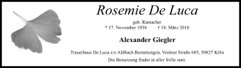 Anzeige von Rosemie De Luca von Kölner Stadt-Anzeiger / Kölnische Rundschau / Express