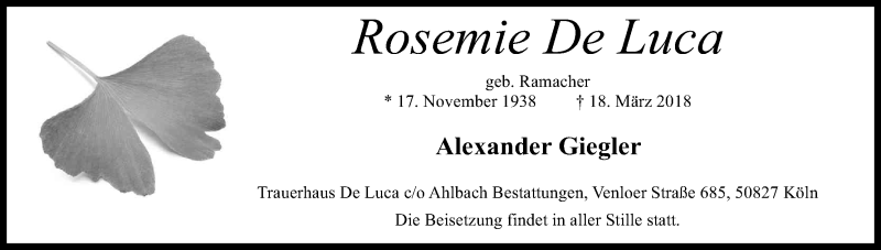  Traueranzeige für Rosemie De Luca vom 21.03.2018 aus Kölner Stadt-Anzeiger / Kölnische Rundschau / Express