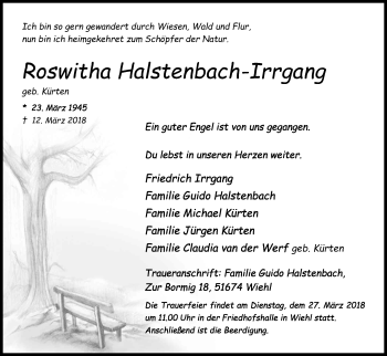 Anzeige von Roswitha Halstenbach-Irrgang von Kölner Stadt-Anzeiger / Kölnische Rundschau / Express