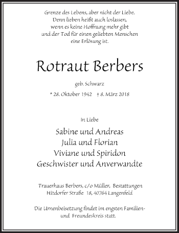 Anzeige von Rotraut Berbers von  Leverkusener Wochenende 