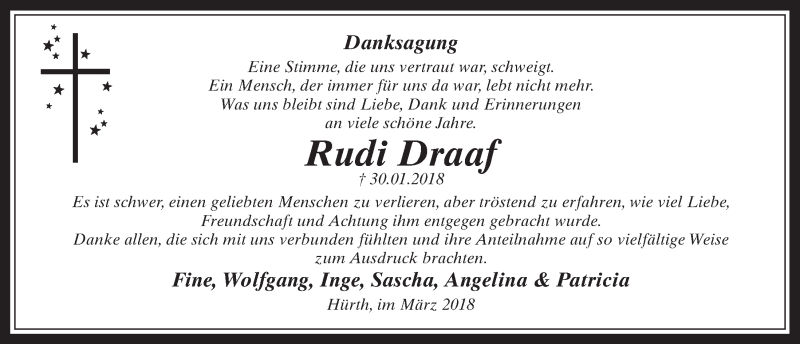  Traueranzeige für Rudi Draaf vom 21.03.2018 aus  Wochenende 