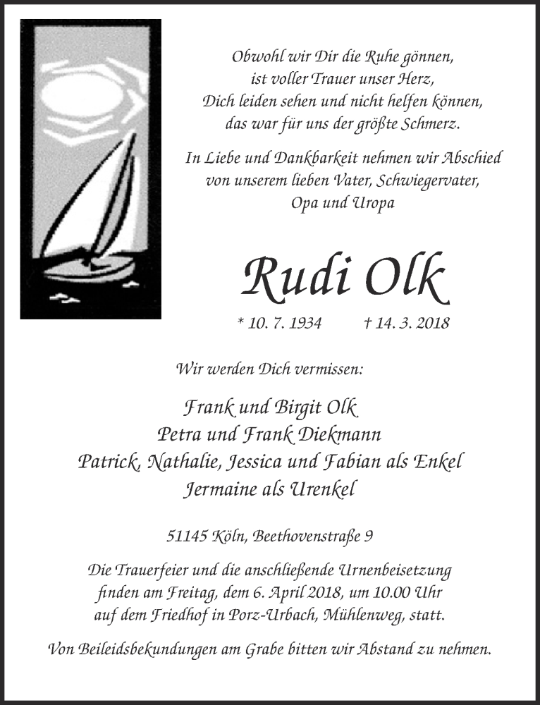  Traueranzeige für Rudi Olk vom 28.03.2018 aus  Kölner Wochenspiegel 