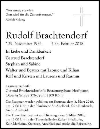 Anzeige von Rudolf Brachtendorf von Kölner Stadt-Anzeiger / Kölnische Rundschau / Express