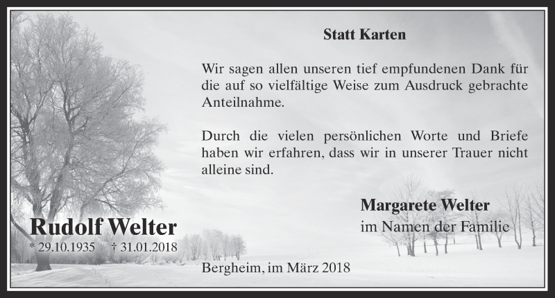  Traueranzeige für Rudolf Welter vom 07.03.2018 aus  Werbepost 