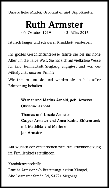 Anzeige von Ruth Armster von Kölner Stadt-Anzeiger / Kölnische Rundschau / Express