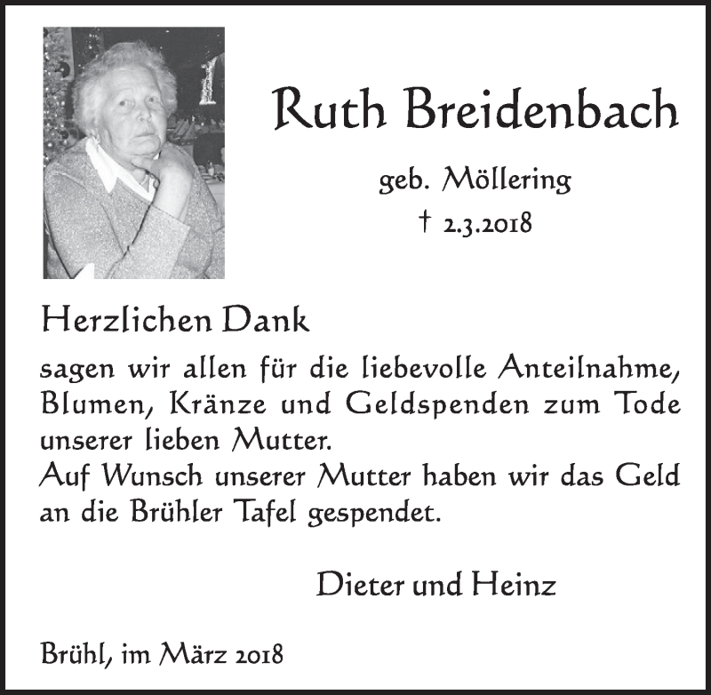  Traueranzeige für Ruth Breidenbach vom 28.03.2018 aus  Schlossbote/Werbekurier 