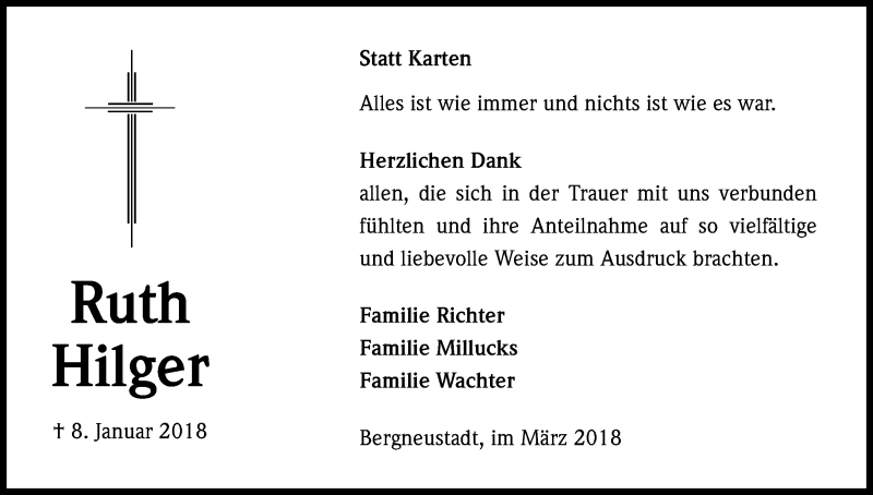  Traueranzeige für Ruth Hilger vom 10.03.2018 aus Kölner Stadt-Anzeiger / Kölnische Rundschau / Express