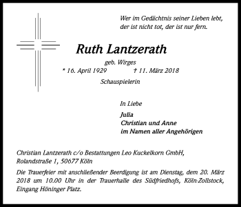 Anzeige von Ruth Lantzerath von Kölner Stadt-Anzeiger / Kölnische Rundschau / Express