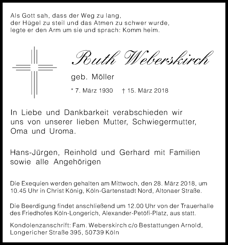  Traueranzeige für Ruth Weberskirch vom 24.03.2018 aus Kölner Stadt-Anzeiger / Kölnische Rundschau / Express