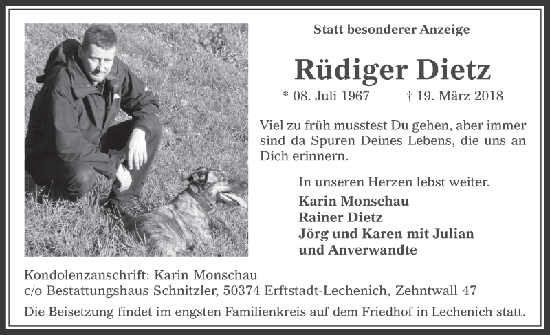  Traueranzeige für Rüdiger Dietz vom 28.03.2018 aus  Werbepost 