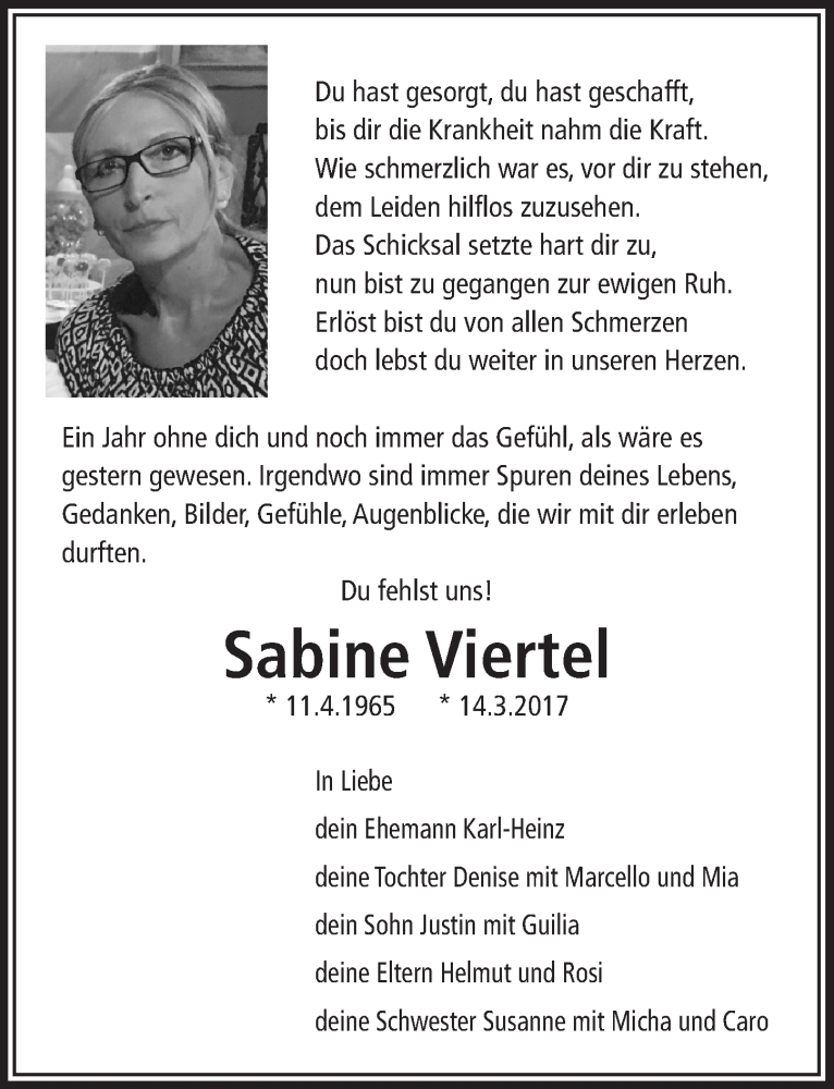  Traueranzeige für Sabine Viertel vom 14.03.2018 aus  Lokale Informationen 