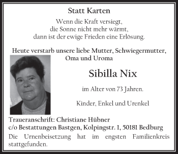 Anzeige von Sibilla Nix von  Werbepost 