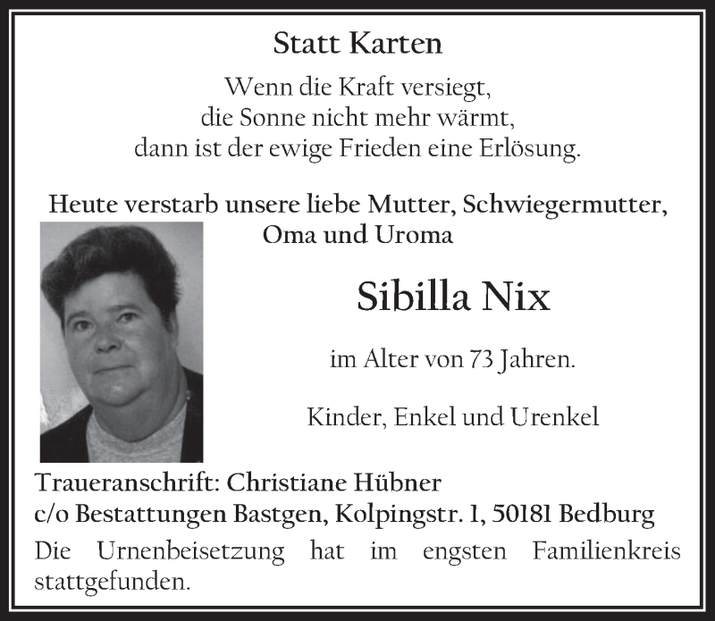  Traueranzeige für Sibilla Nix vom 28.03.2018 aus  Werbepost 