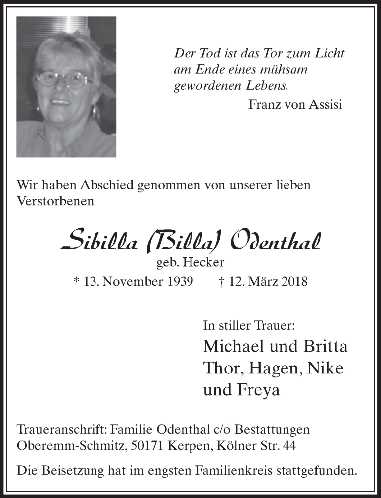  Traueranzeige für Sibilla Odenthal vom 24.03.2018 aus  Sonntags-Post 