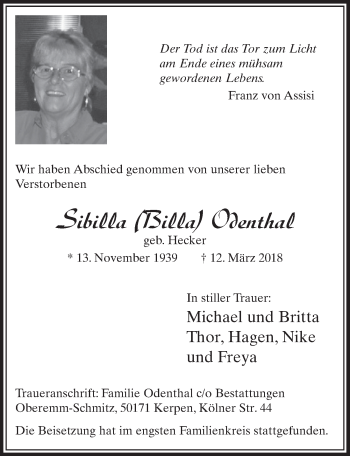 Anzeige von Sibilla Odenthal von  Sonntags-Post 