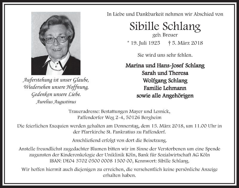  Traueranzeige für Sibille Schlang vom 10.03.2018 aus  Sonntags-Post 