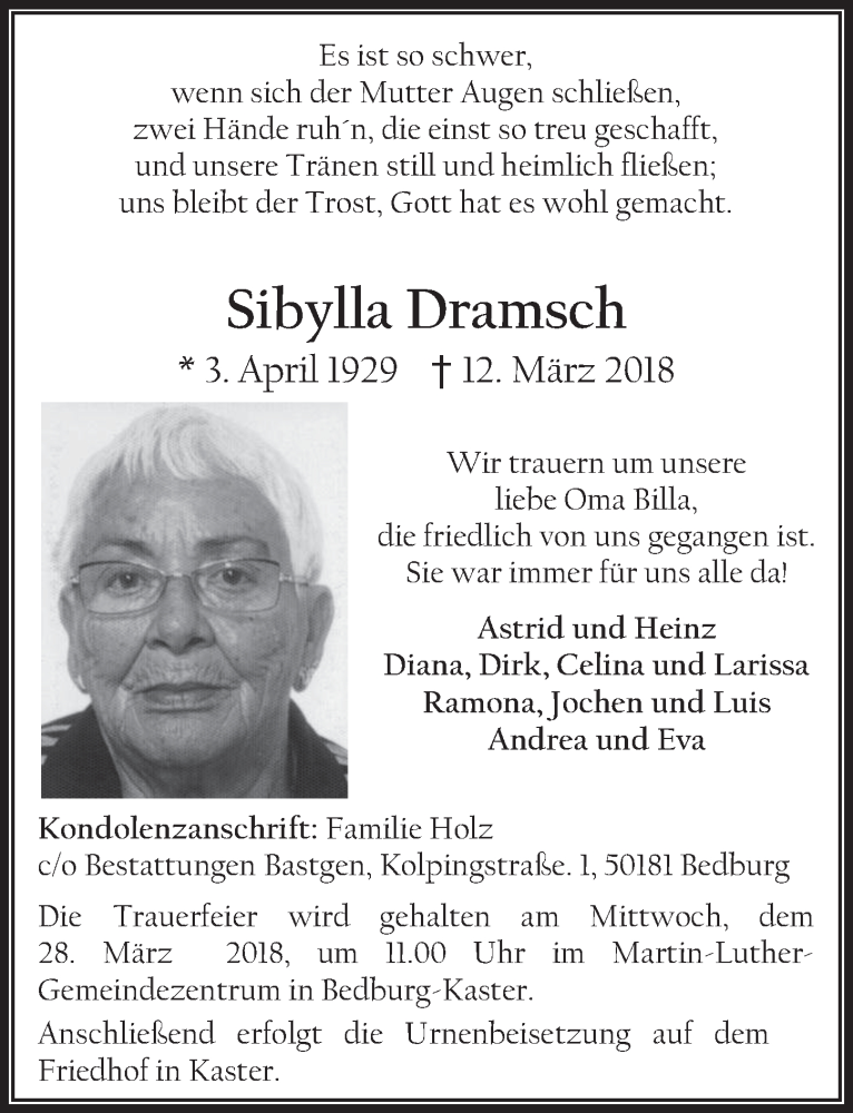  Traueranzeige für Sibylla Dramsch vom 21.03.2018 aus  Werbepost 