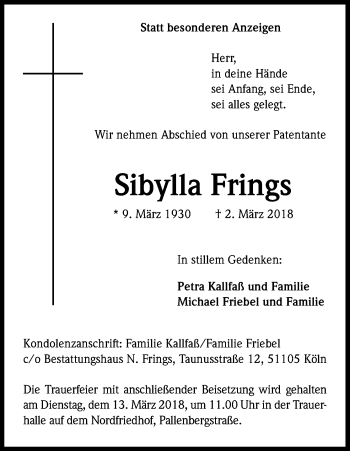 Anzeige von Sibylla Frings von Kölner Stadt-Anzeiger / Kölnische Rundschau / Express
