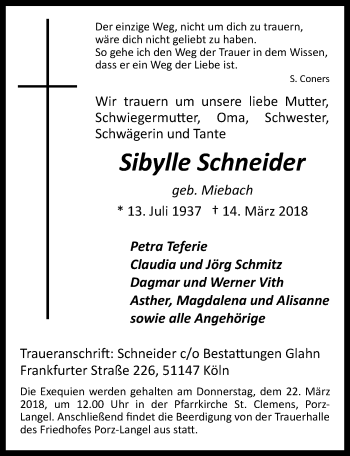 Anzeige von Sibylle Schneider von  Kölner Wochenspiegel 