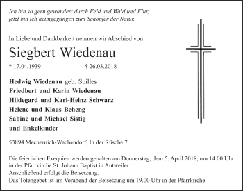Anzeige von Siegbert Wiedenau von  Blickpunkt Euskirchen 