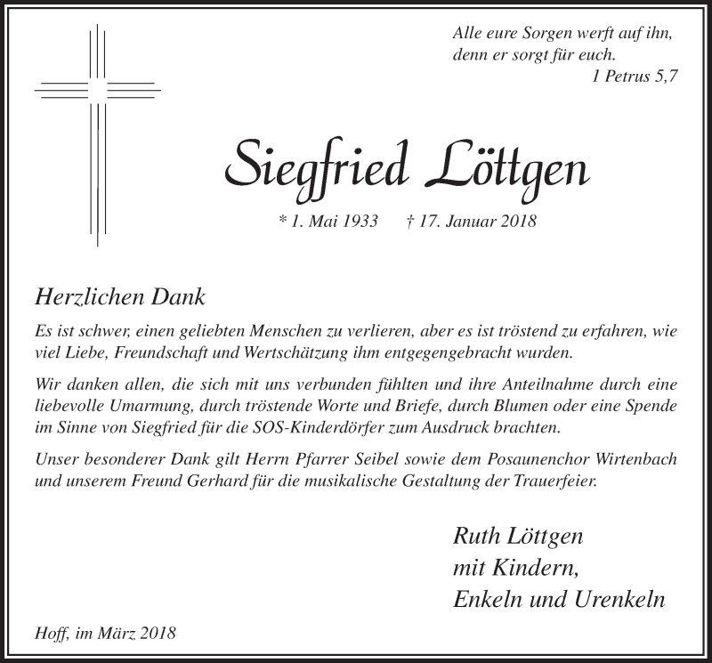  Traueranzeige für Siegfried Löttgen vom 14.03.2018 aus  Lokalanzeiger 
