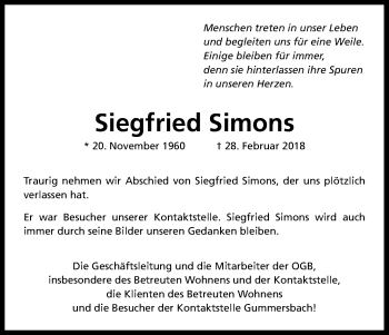 Anzeige von Siegfried Simons von Kölner Stadt-Anzeiger / Kölnische Rundschau / Express