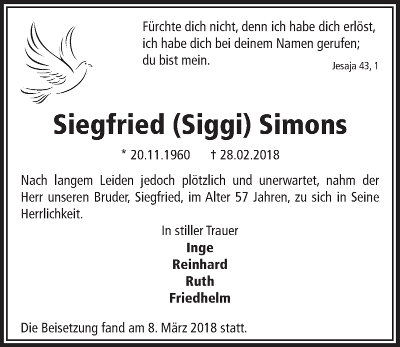  Traueranzeige für Siegfried Simons vom 28.03.2018 aus  Anzeigen Echo 