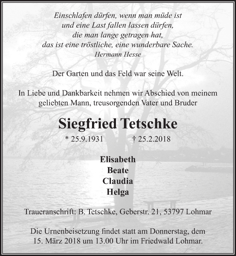  Traueranzeige für Siegfried Tetschke vom 07.03.2018 aus  Extra Blatt 