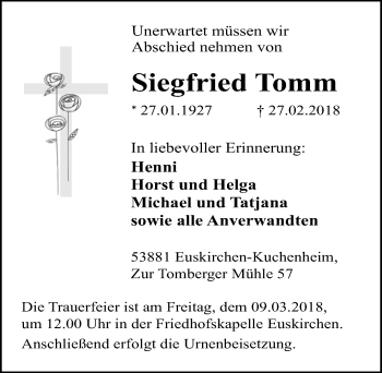 Anzeige von Siegfried Tomm von  Blickpunkt Euskirchen 