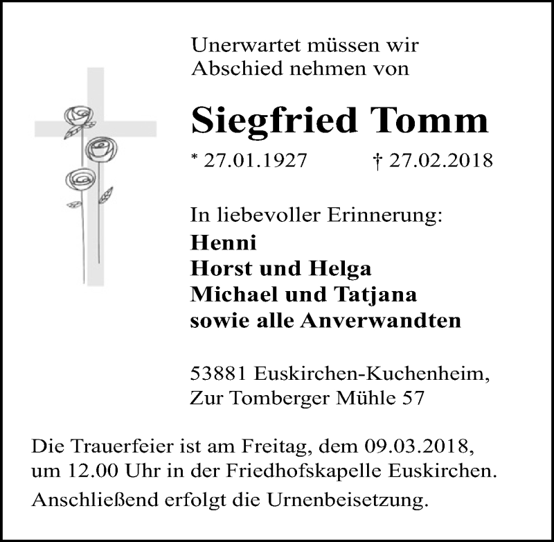  Traueranzeige für Siegfried Tomm vom 03.03.2018 aus  Blickpunkt Euskirchen 