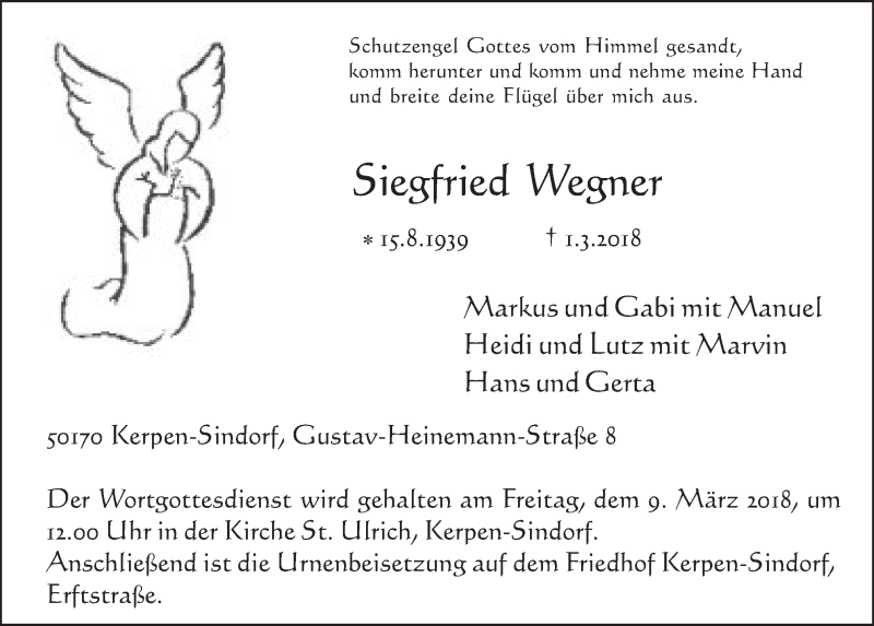  Traueranzeige für Siegfried Wegner vom 07.03.2018 aus  Werbepost 