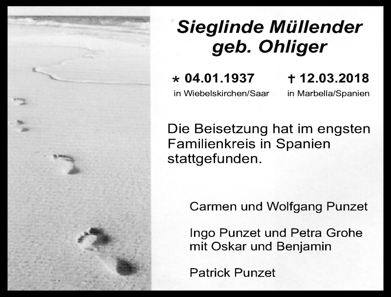  Traueranzeige für Sieglinde Müllender vom 28.03.2018 aus  Kölner Wochenspiegel 