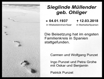 Anzeige von Sieglinde Müllender von  Kölner Wochenspiegel 