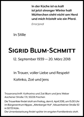 Anzeige von Sigrid Blum-Schmitt von Kölner Stadt-Anzeiger / Kölnische Rundschau / Express
