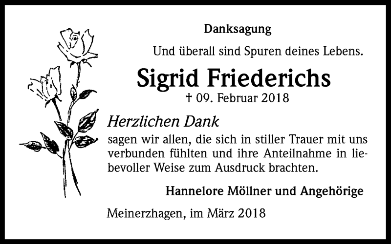  Traueranzeige für Sigrid Friederichs vom 29.03.2018 aus Kölner Stadt-Anzeiger / Kölnische Rundschau / Express