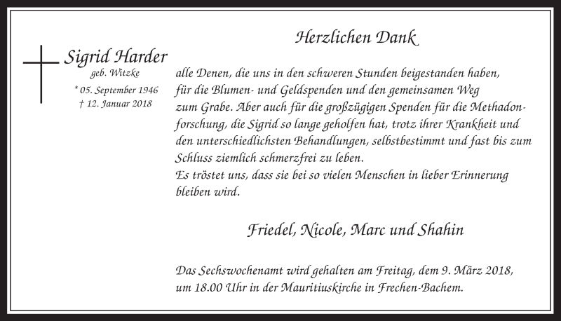  Traueranzeige für Sigrid Harder vom 07.03.2018 aus  Wochenende 