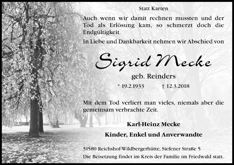  Traueranzeige für Sigrid Mecke vom 17.03.2018 aus Kölner Stadt-Anzeiger / Kölnische Rundschau / Express