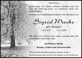 Anzeige von Sigrid Mecke von Kölner Stadt-Anzeiger / Kölnische Rundschau / Express